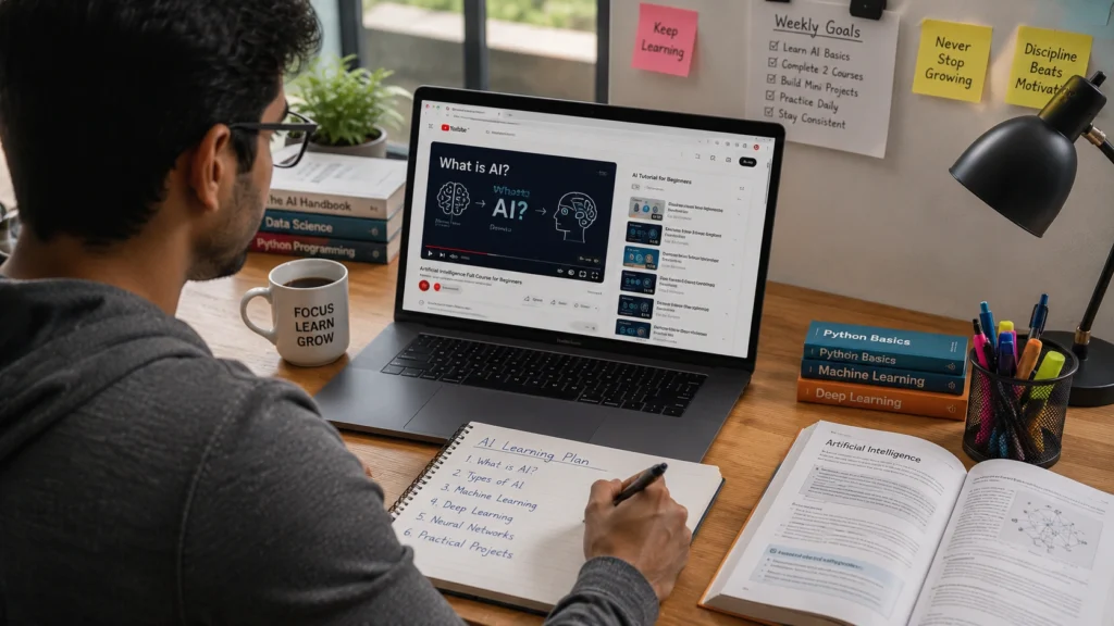 Person learning AI skills through online courses and self-study while building a portfolio, practicing consistently, and combining human creativity with artificial intelligence for long-term career success.