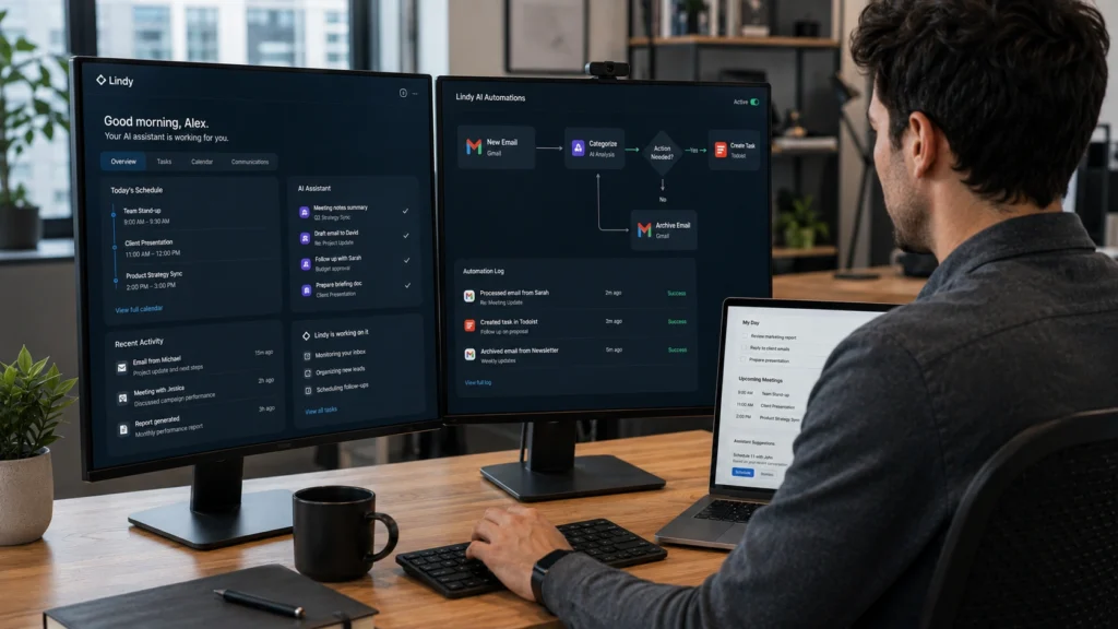 Professional using Lindy AI assistant and workflow automation software to automate communication, scheduling, email management, and administrative business tasks.