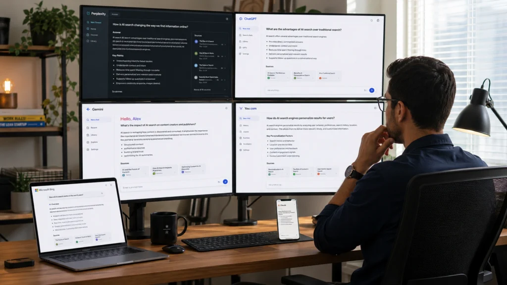 Professional comparing multiple AI search platforms across several screens to evaluate answers, research sources, information retrieval methods, and search performance.