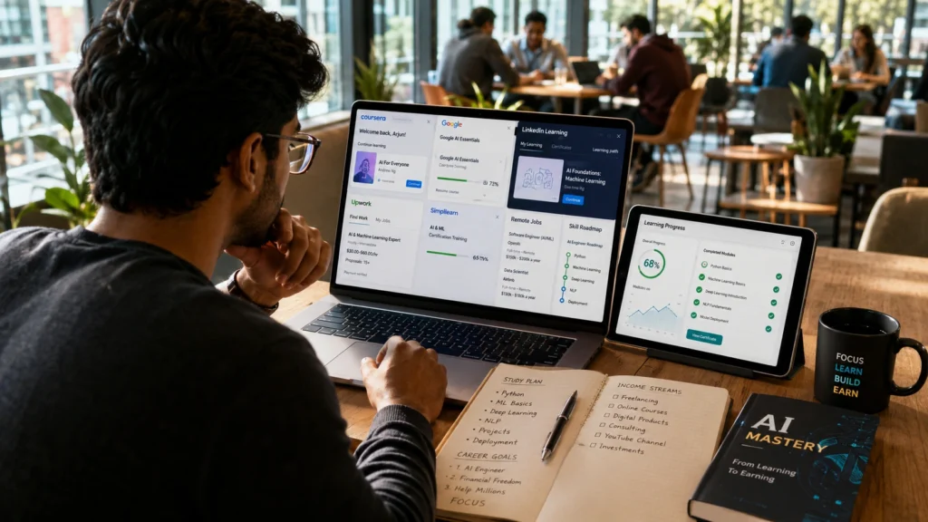 Beginner learning artificial intelligence through free online courses, tutorials, educational platforms, and certification programs using a laptop and tablet in a collaborative learning environment.