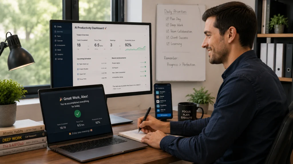 Professional using multiple AI personal assistants to manage tasks, schedules, productivity, and daily workflows efficiently in a modern office environment.
