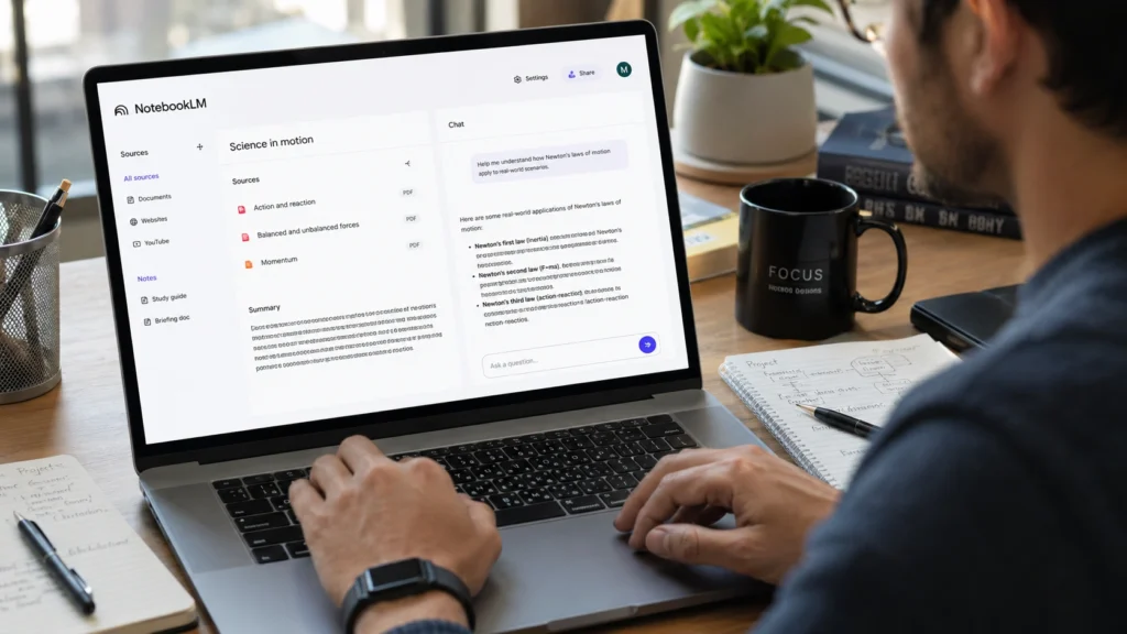 Student using an AI note-taking tool on a laptop to organize study materials, summarize lecture notes, manage documents, and retrieve information efficiently.
