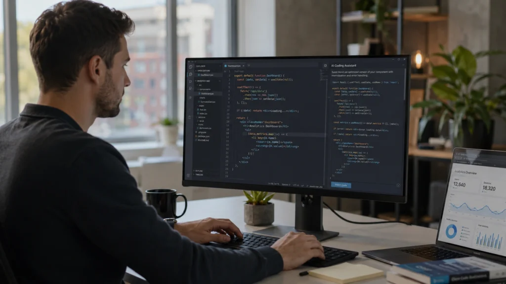 Professional using AI-assisted coding tools on a computer to write code, debug software, learn programming concepts, and build applications more efficiently.