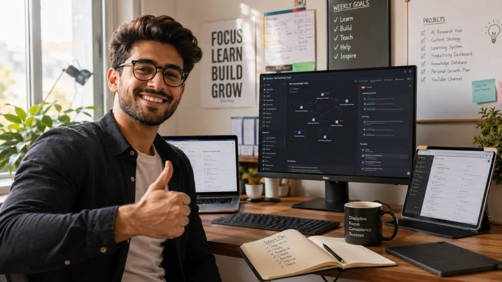 Professional using AI note-taking and knowledge management tools to stay organized, manage research, track projects, and improve productivity in a modern workspace.