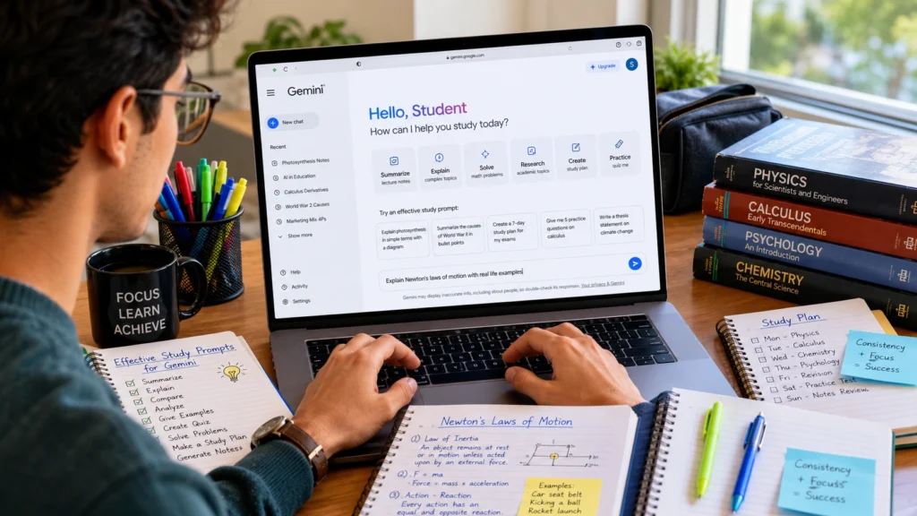Google Gemini displayed on a laptop helping a student create a personalized study plan, surrounded by textbooks, notes, and academic materials.