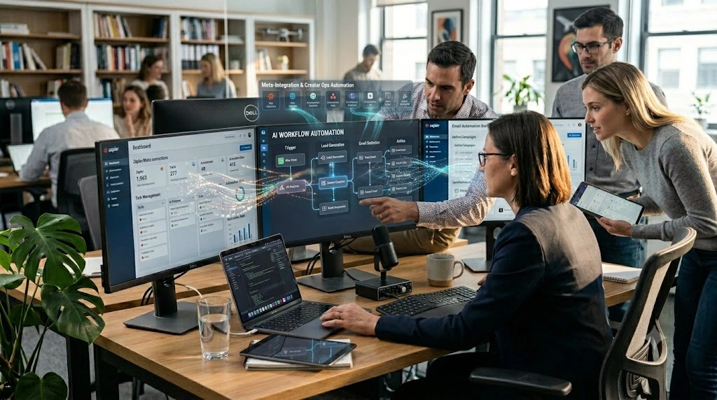 Team using Make workflow automation software to build advanced no-code workflows, automate content operations, and manage business processes through a visual workflow builder.