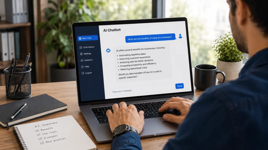 Professional using an AI chatbot to process questions, generate responses, and continue conversations through natural language