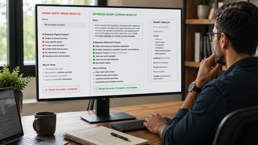Professional evaluating AI search results on a monitor, comparing vague and optimized search queries, reviewing source citations, and improving research accuracy.