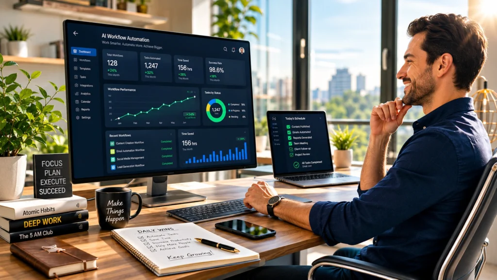 Professional reviewing successful AI workflow automation results on productivity dashboards and performance analytics after implementing automated business and productivity systems.