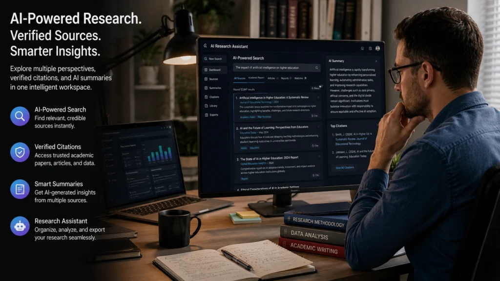 Professional using Perplexity AI to research topics, verify sources, access citations, and summarize information.