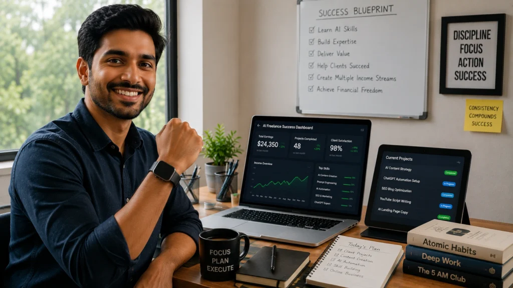 Successful freelancer smiling confidently in a modern workspace while using AI tools, managing client projects, tracking business growth, building skills, and creating multiple income streams through AI-powered services.