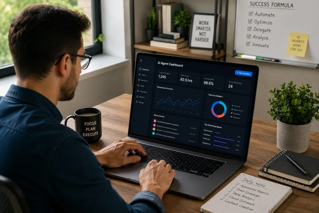 Professional reviewing an AI agent performance dashboard on a laptop, tracking workflow automation, productivity metrics, task management, business analytics, and operational efficiency.