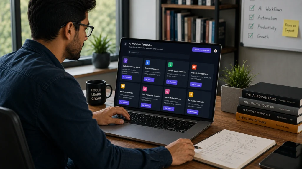 Professional using AI workflow templates on a laptop to automate marketing, research, content creation, project management, reporting, and productivity tasks in a modern workspace.