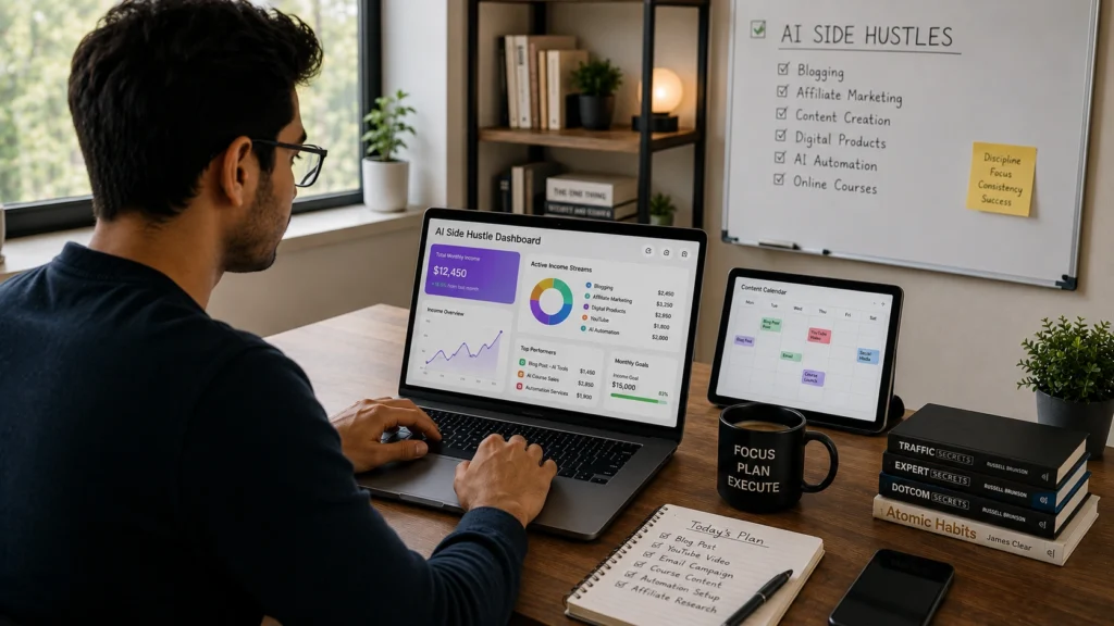 Professional working on AI-powered side hustle projects using artificial intelligence tools for blogging, affiliate marketing, content creation, digital products, online courses, and business automation.