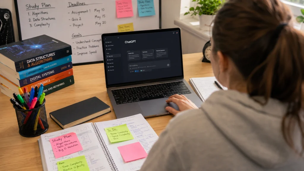 Student using ChatGPT on a laptop to generate presentation outlines, brainstorm project ideas, and organize academic work in a structured study environment.