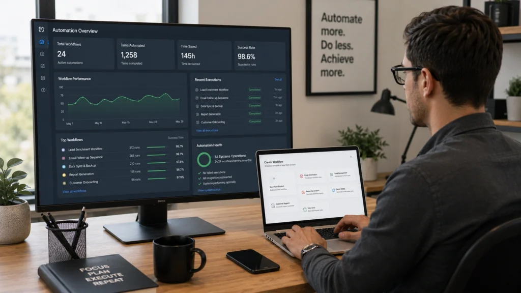 Professional monitoring workflow automation performance on a dashboard, reviewing automated processes, task completion rates, and system efficiency metrics.
