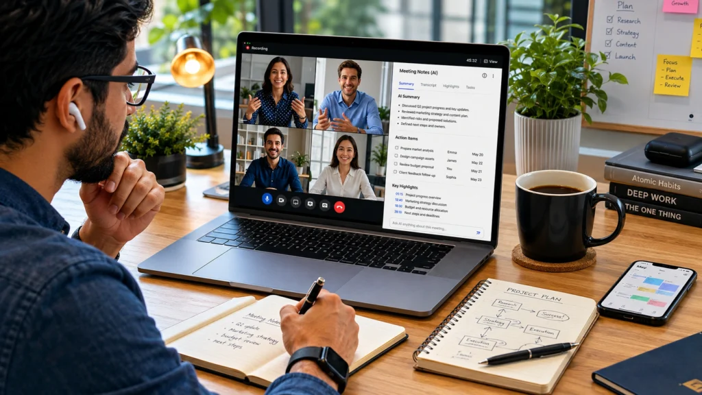 Professional using Otter AI during a virtual meeting to automatically transcribe conversations, generate meeting summaries, identify speakers, and capture action items.
