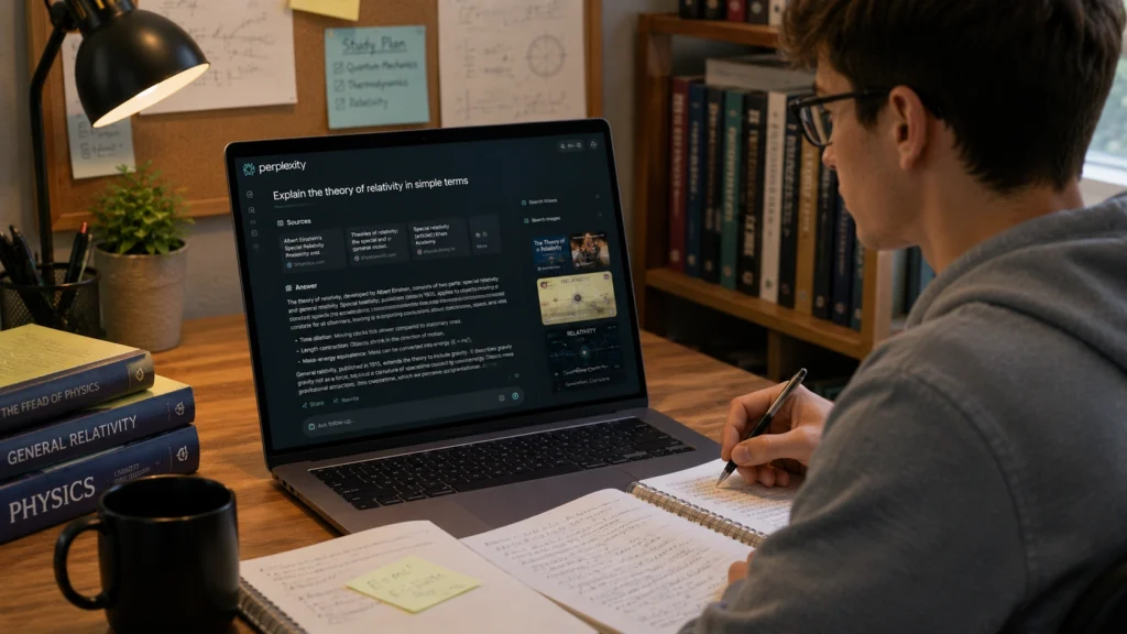 Student using Perplexity AI on a laptop to research academic topics, verify sources, learn complex concepts, and take study notes in a focused learning environment.