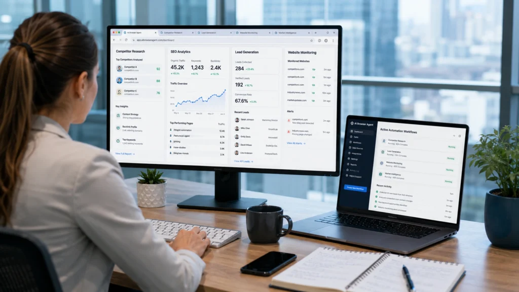 Professional using AI browser agents for competitor research, SEO analysis, lead generation, and website monitoring.