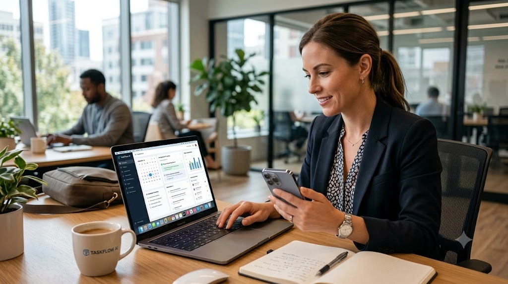 Professional using an AI personal assistant on a laptop and smartphone to manage schedules, tasks, documents, and productivity workflows in a modern office environment.