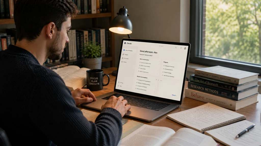 Professional using Claude AI on a laptop to analyze documents, review research materials, summarize information, and support academic or strategic work in a study-focused workspace.