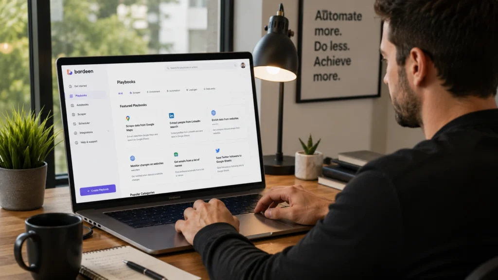 Professional using Bardeen browser automation software to automate web-based tasks, collect online information, and streamline research workflows directly from a web browser.