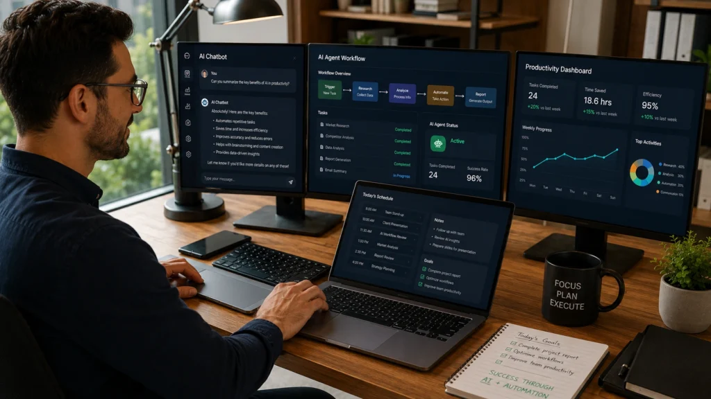 Professional comparing AI chatbots and AI agents on multiple productivity dashboards, workflow automation screens, and business management tools in a modern office.