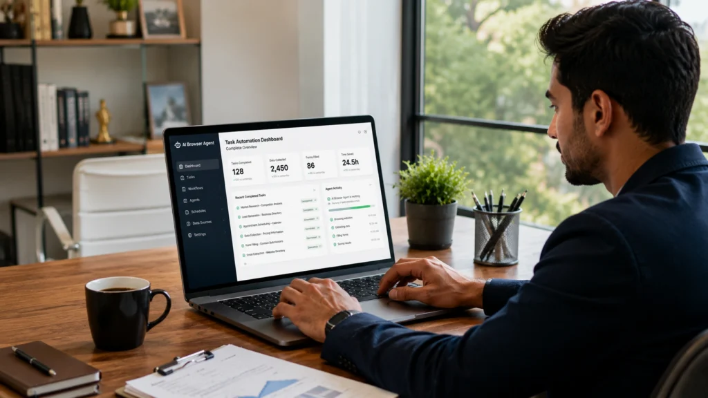 Professional using an AI browser agent dashboard to automate research, data collection, form filling, and online workflows.