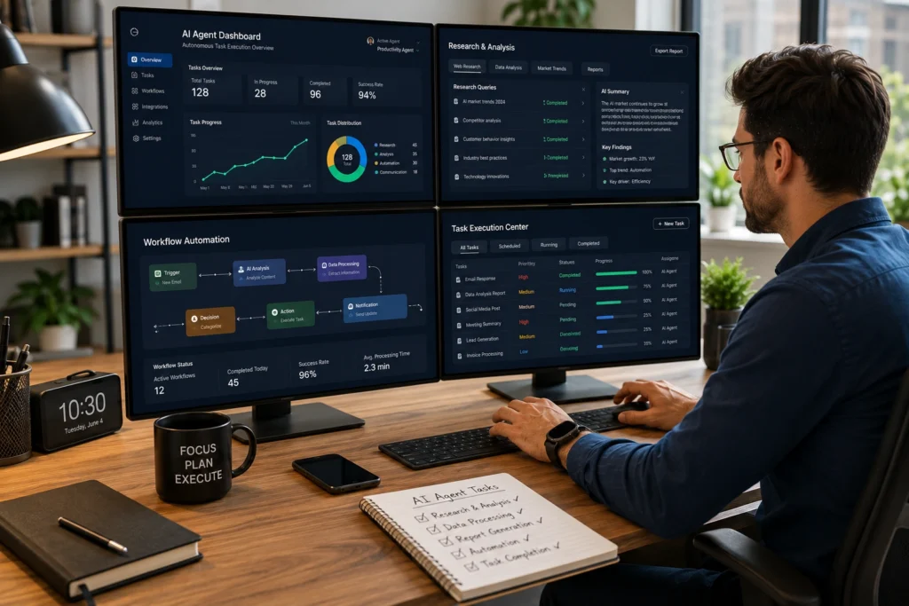 Professional using an AI agent dashboard to automate workflows, analyze data, and manage tasks across multiple systems