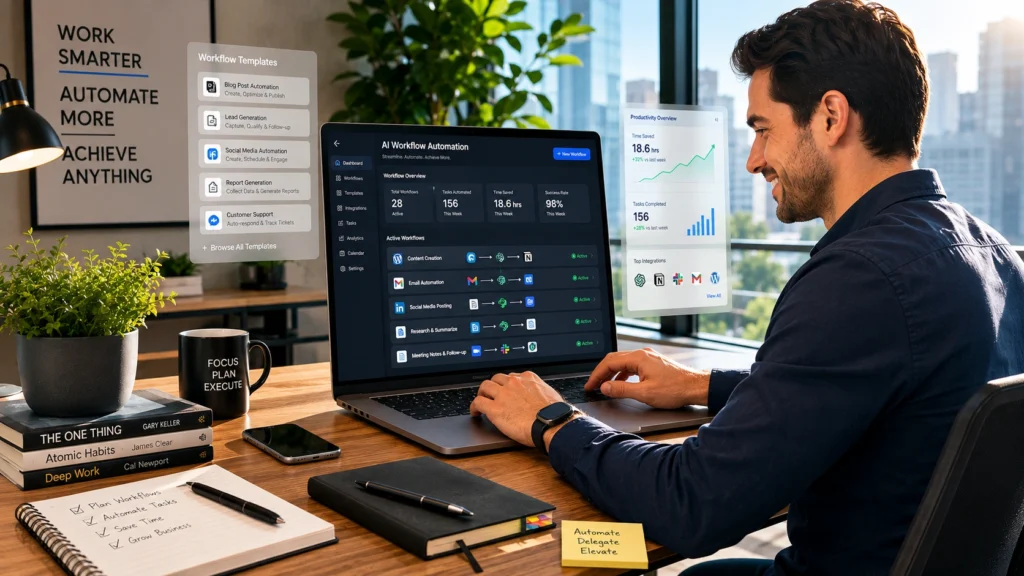 Professional using AI workflow automation templates on a laptop to automate content creation, research, email management, reporting, and productivity tasks in a modern workspace.