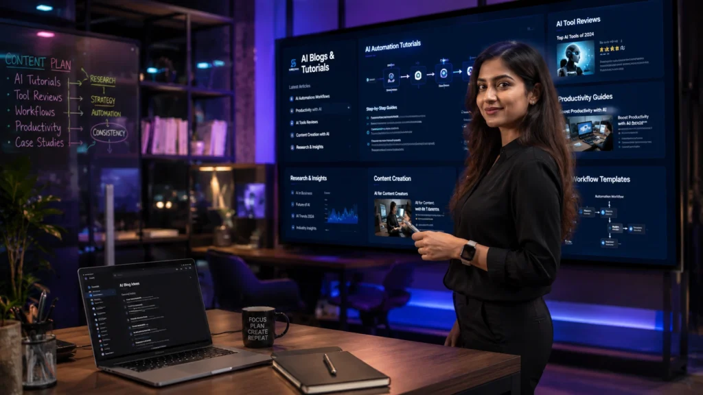 AI educator presenting tutorials, productivity guides, workflow templates, and AI tool reviews in a modern digital workspace.