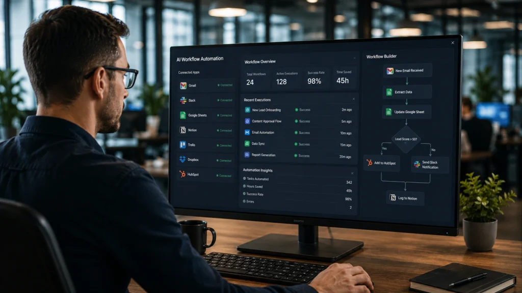 Professional using AI workflow automation software on a desktop computer to automate tasks, connect apps, and manage business workflows in a modern office.