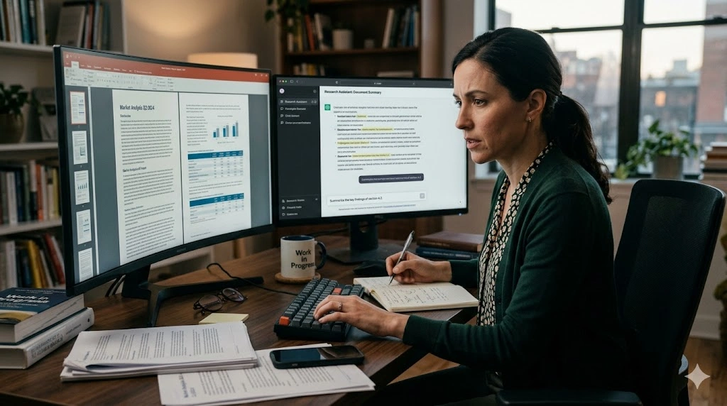 Professional using Gemini Deep Research to analyze reports, identify market trends, and conduct large-scale web research.