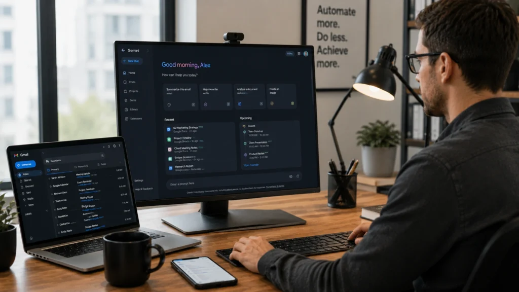 Professional using Google Gemini AI on a desktop monitor integrated with Gmail and Google Workspace tools to manage emails, documents, tasks, and productivity workflows.
