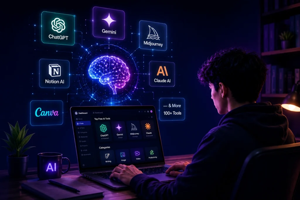 Person using AI tools dashboard with ChatGPT, Gemini, Claude AI, Midjourney, and productivity tools in a futuristic workspace