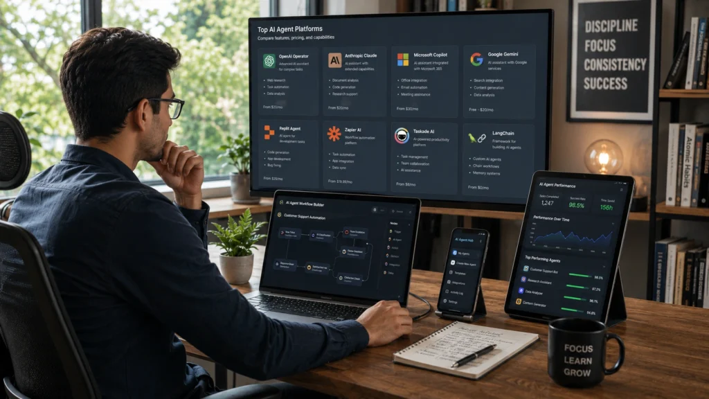 Professional analyzing AI agent platforms and automation workflows across multiple screens showing autonomous AI tools, task automation systems, productivity dashboards, and AI performance metrics.