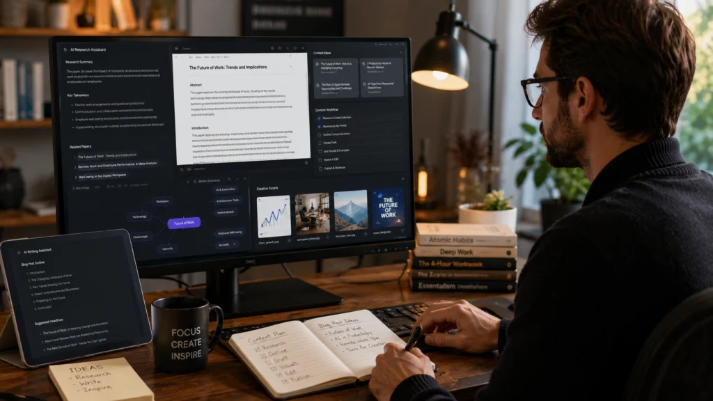 Researcher using AI note-taking tools to summarize research papers, connect ideas, organize knowledge, and manage information across multiple sources in a digital workspace.