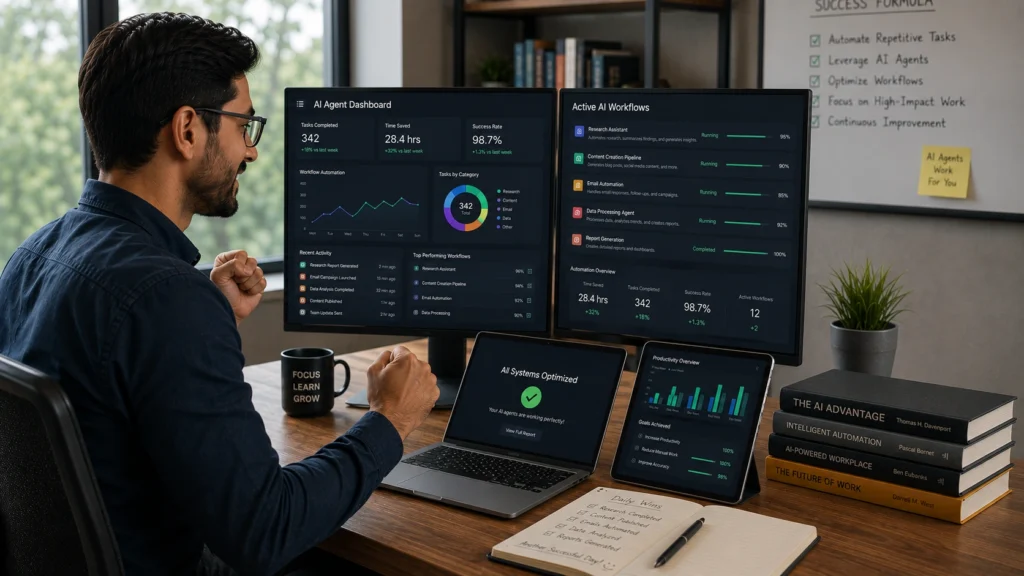Professional celebrating successful AI agent automation while monitoring workflow dashboards, productivity analytics, research automation, and business performance metrics across multiple connected devices.