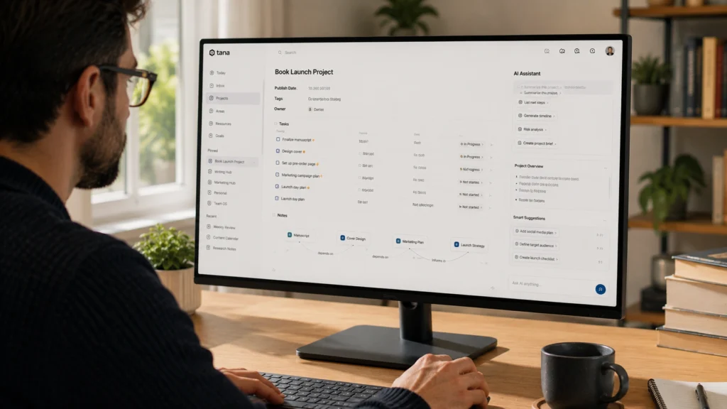Researcher using Tana AI to organize structured knowledge, manage projects, connect information through knowledge graphs, and automate advanced workflows.