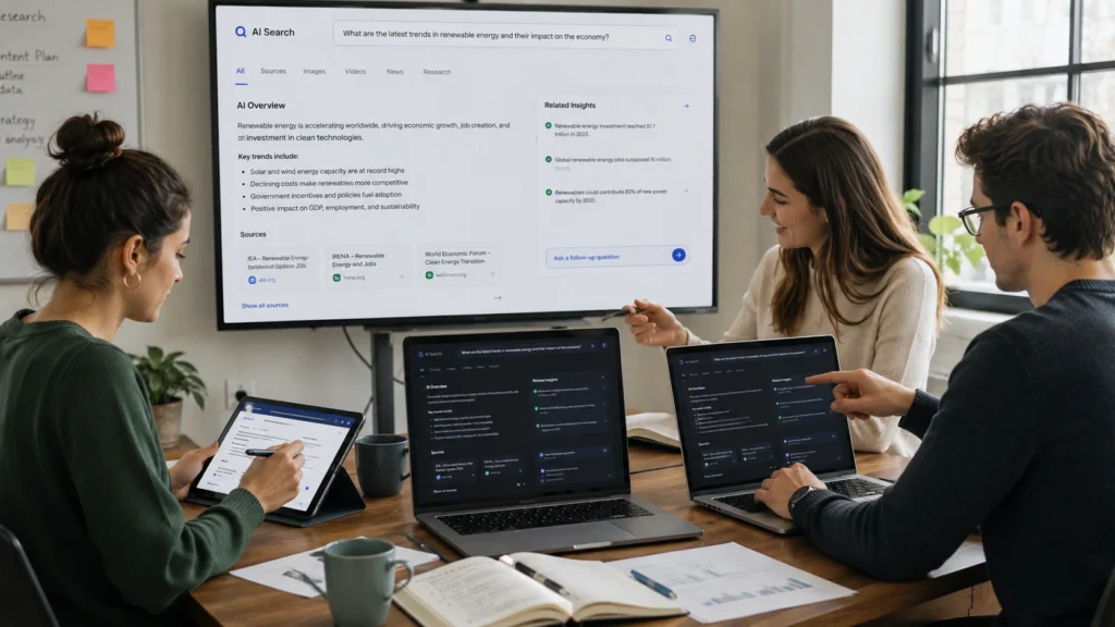 Students and researchers using an AI search platform to analyze information, explore sources, summarize research findings, and collaborate on educational projects.
