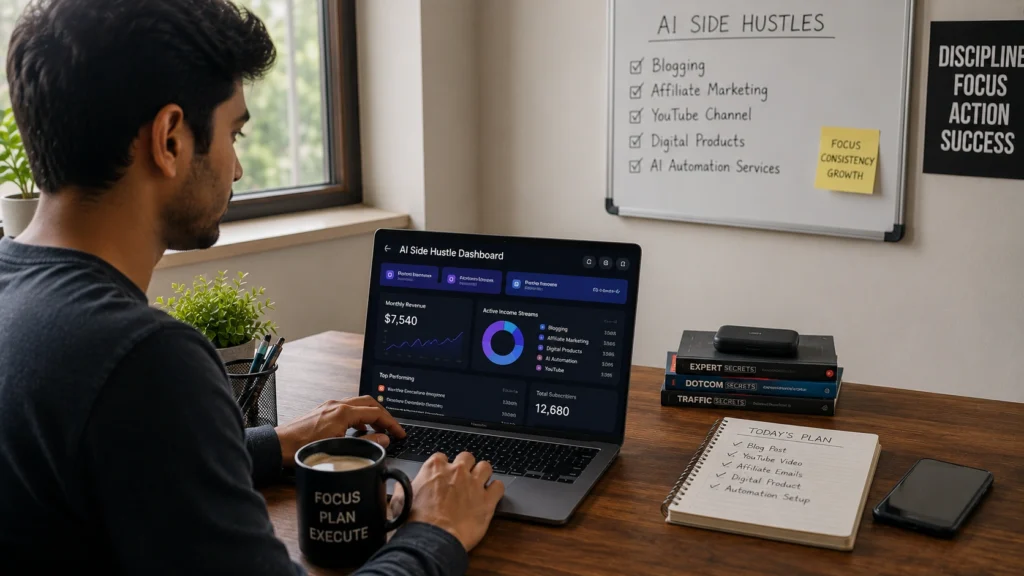 Freelancer building AI-powered side hustles and online income streams using artificial intelligence tools for blogging, affiliate marketing, content creation, automation services, and digital products.