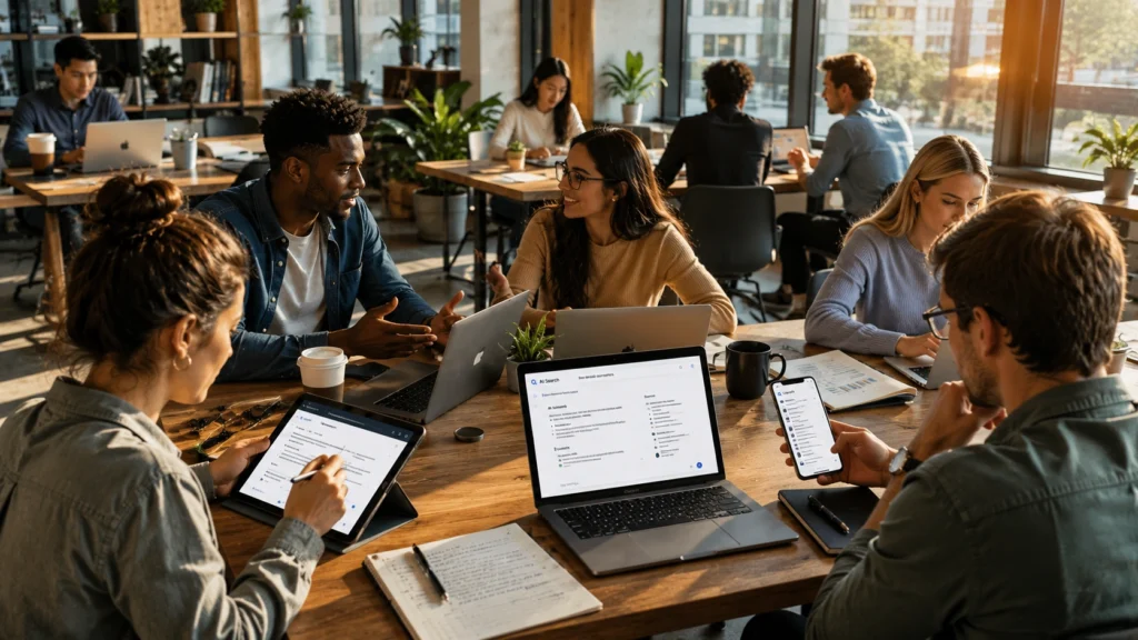 Professionals, creators, and students using AI-powered search tools across multiple devices to access information, collaborate, research topics, and make faster decisions in a modern digital workplace.