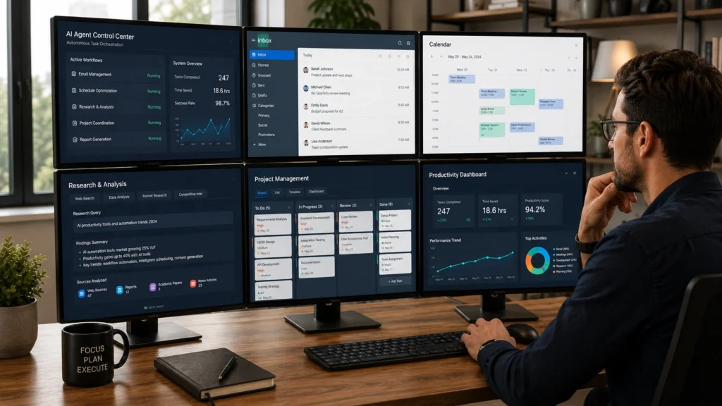 AI agent managing emails, calendars, research, and project workflows across multiple integrated business applications