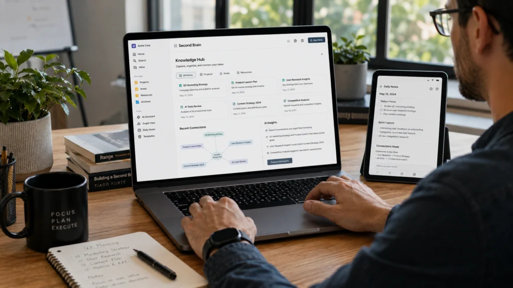 Professional using Mem AI to organize notes, connect knowledge, perform smart searches, and manage information across devices in a digital workspace.