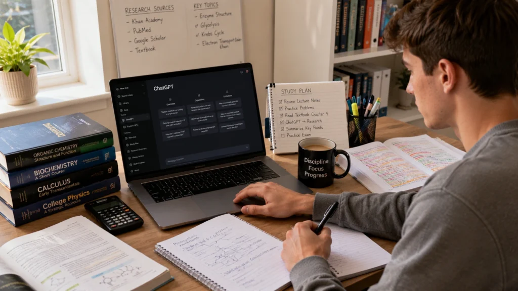 Student studying with ChatGPT, textbooks, notes, and academic resources, demonstrating active learning, critical thinking, and the use of multiple sources for effective education.