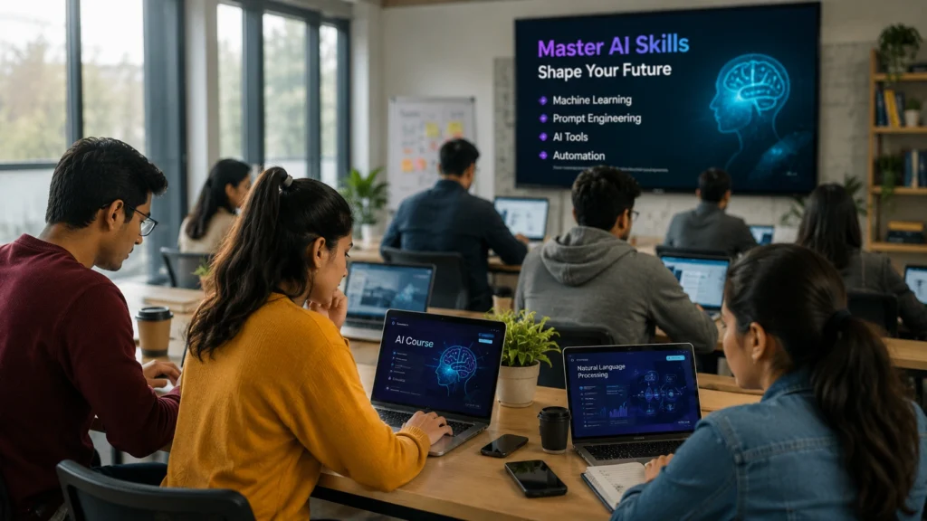 Students and professionals learning AI skills in a modern classroom environment, studying machine learning, prompt engineering, automation, and AI tools to build future careers and freelancing opportunities.