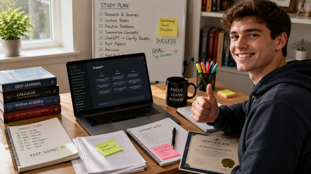 Successful student smiling and giving a thumbs-up while using ChatGPT alongside textbooks, notes, and study plans in an organized learning environment.