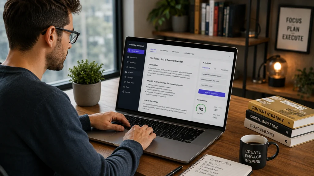 Professional using AI content creation tools on a laptop to write blog posts, create social media content, plan marketing campaigns, and improve content productivity.