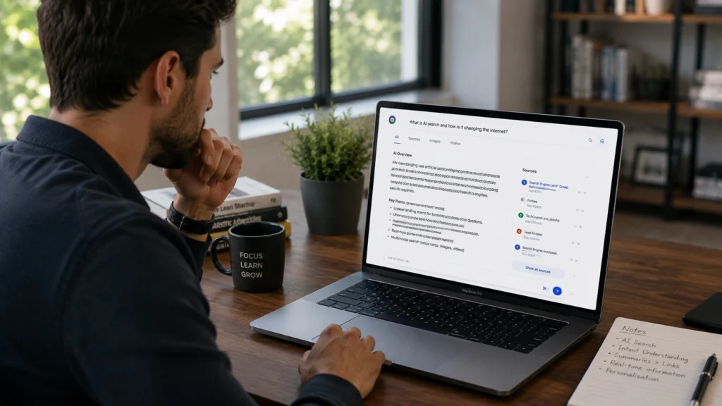 Professional using an AI search engine on a laptop to find information, compare sources, understand search results, and receive AI-generated answers in a modern workspace.