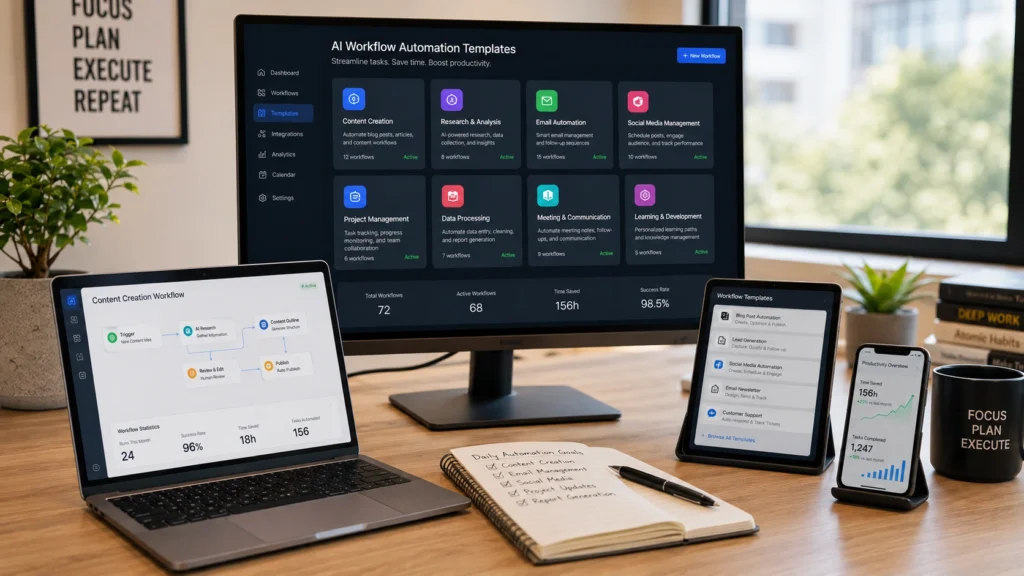 AI workflow automation dashboard displaying multiple workflow templates for content creation, research, email automation, project management, social media management, and productivity across desktop, tablet, and mobile devices.